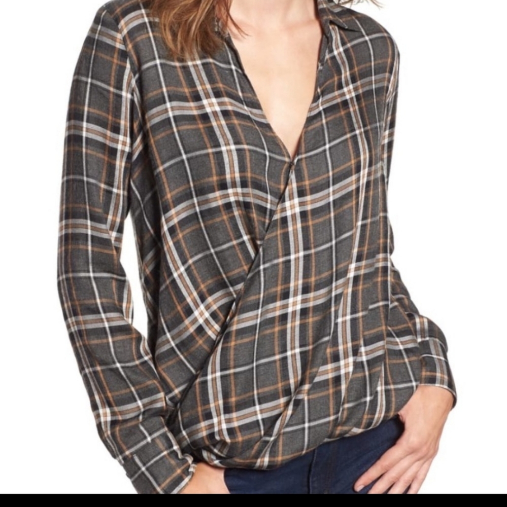 Bailey 44 Wipe Out Plaid Wrap Top Gray Long Sleeve Size M